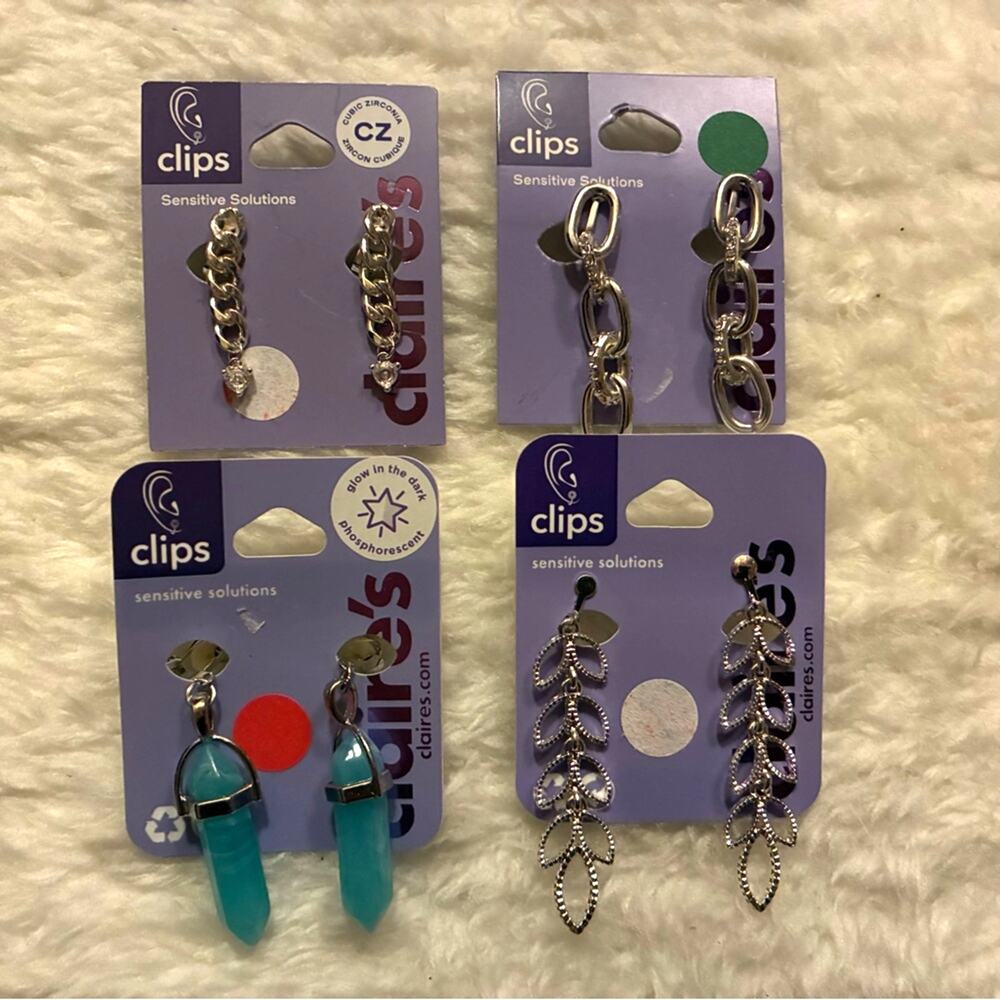SOLD - NEW Claire's 4 Silver CLIP Earrings Set - blue GLOWs IN THE DARK!